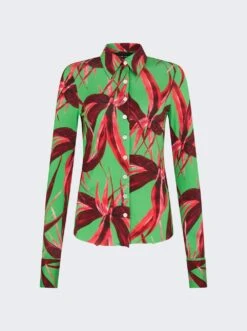 Button Down Shirt Green With Red Flowers