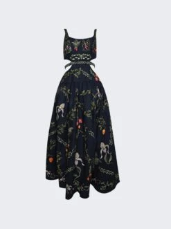 Totumo Bouquet Hand-Embroidered Linen Dress Dark Blue