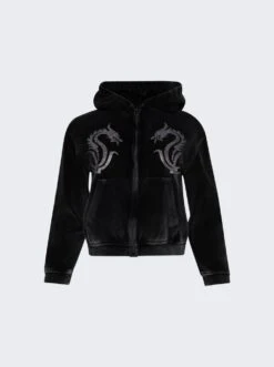 Zip Up Hoodie With Crystal Dragon Hotfix Washed Pepper
