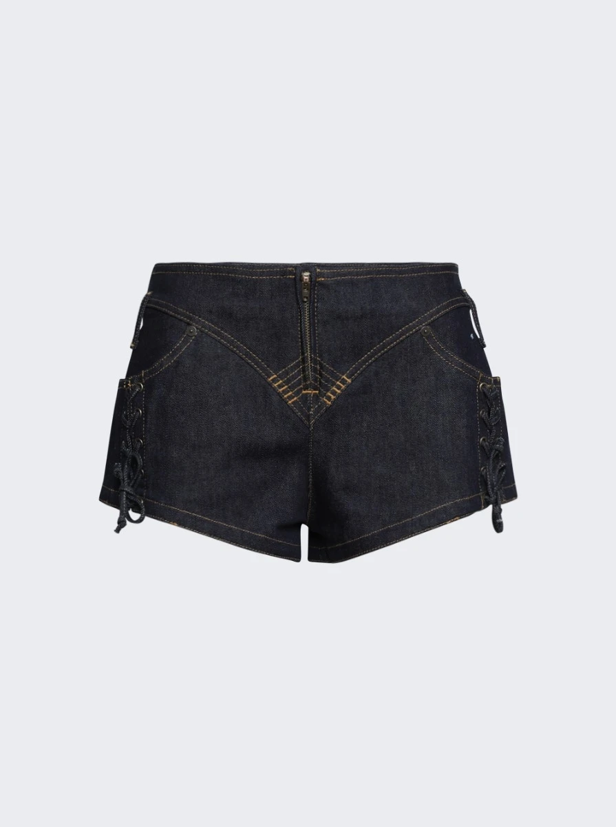 Jean Paul Gaultier Flowers Low Waist Denim Mini Shorts Indigo - Image 3