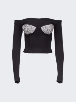 Area Off-Shoulder Crystal Cup Bustier Top Black
