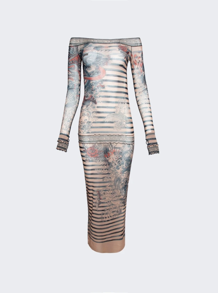 Jean Paul Gaultier Mariniere Tattoo Maxi Dress Nude And Blue - Image 4