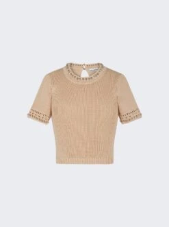 Crochet Knit Crop Top Shiny Beige