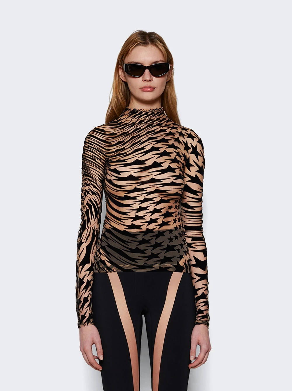 Mugler Flocked Star Sheer Top Black And Nude - Image 3