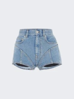 Mugler Spiral Panelled Denim Shorts Medium Blue And Black