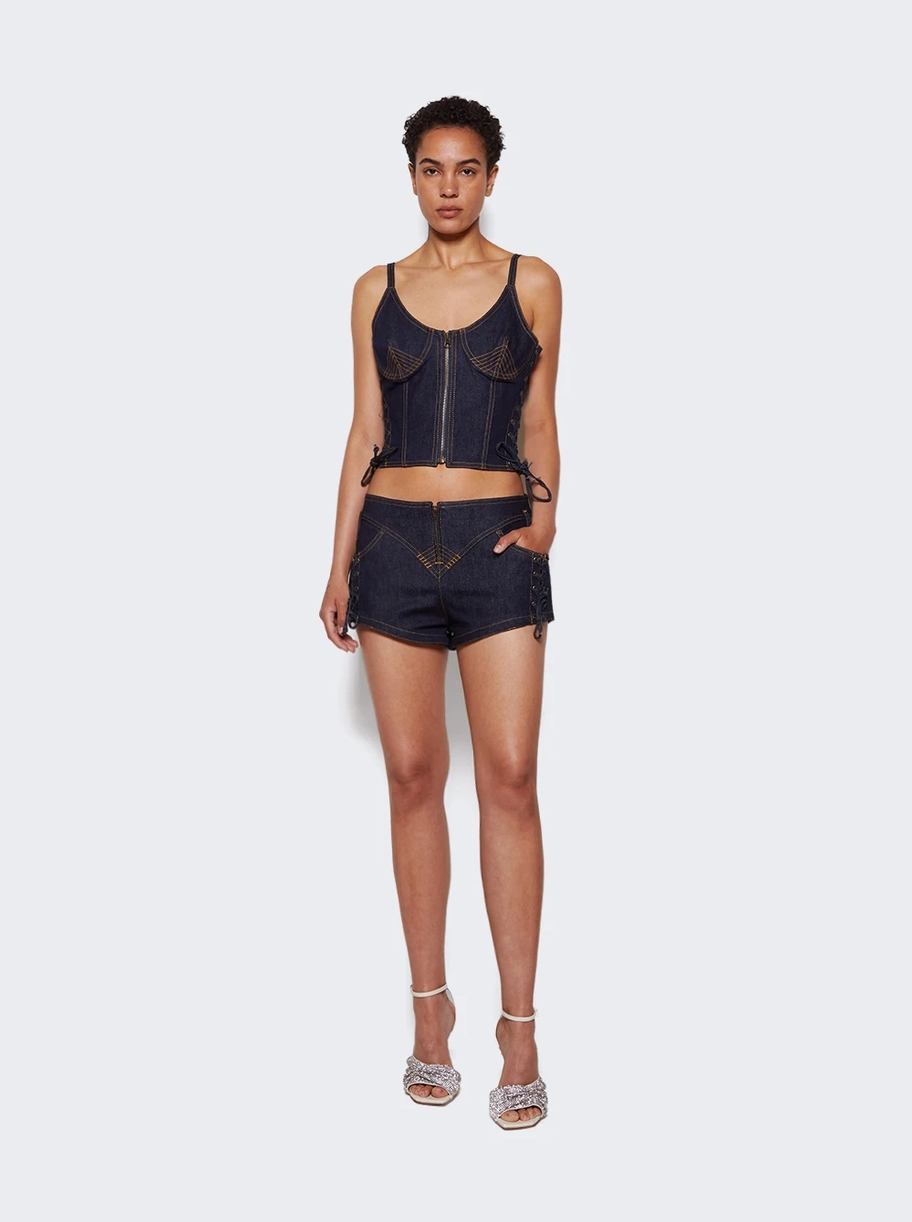Jean Paul Gaultier Flowers Low Waist Denim Mini Shorts Indigo - Image 2
