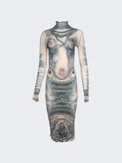 Jean Paul Gaultier High Neck Printed Soleil Dress Nude And Blue