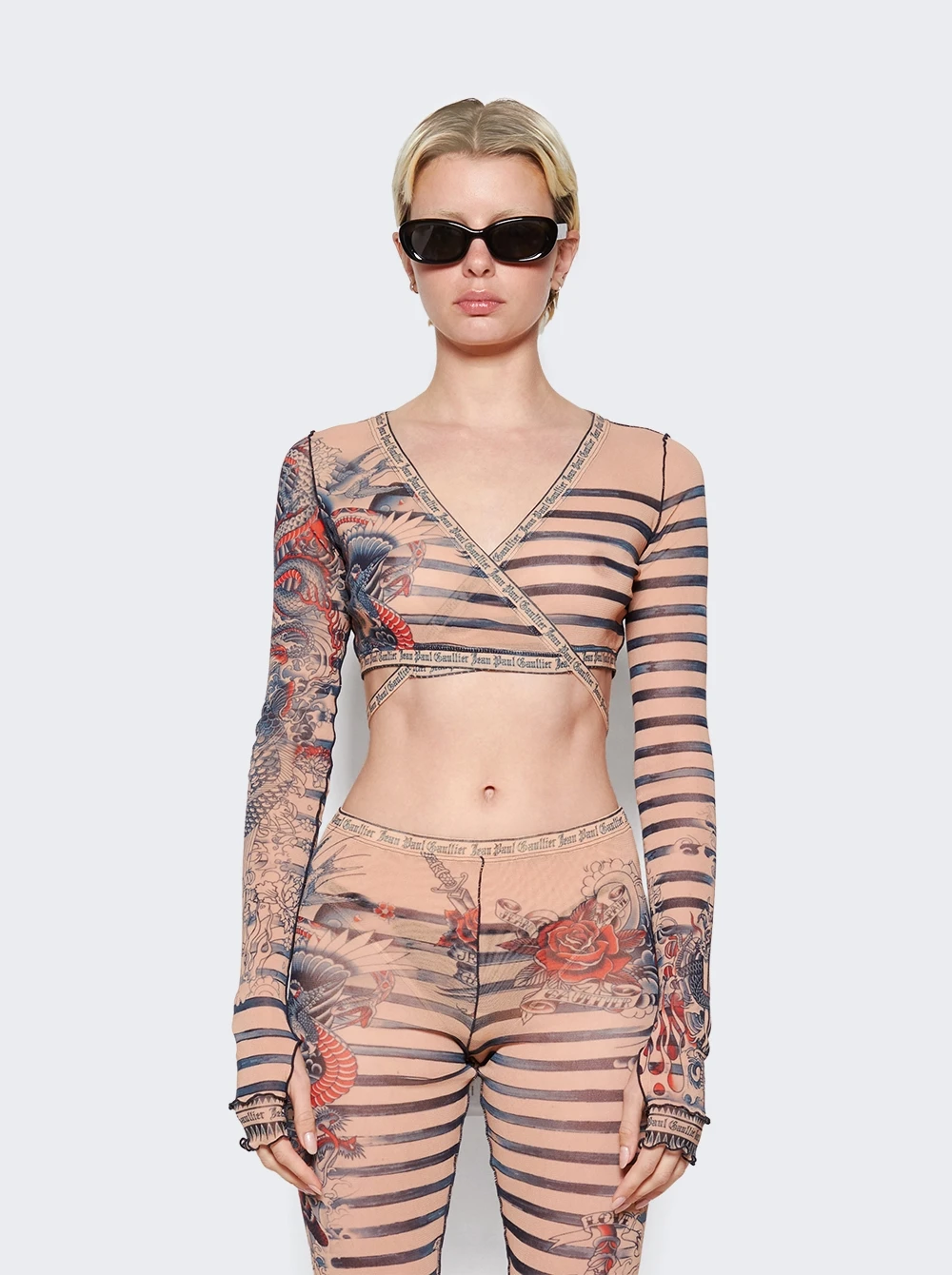 Jean Paul Gaultier Mariniere Tattoo V-neck Top Nude And Blue - Image 3