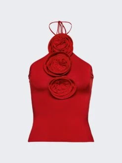 Magda Butrym Floral Jersey Tie Neck Top Red