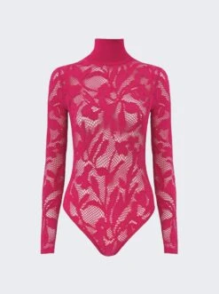ALAIA Lace Long Sleeve Bodysuit Fuchsia