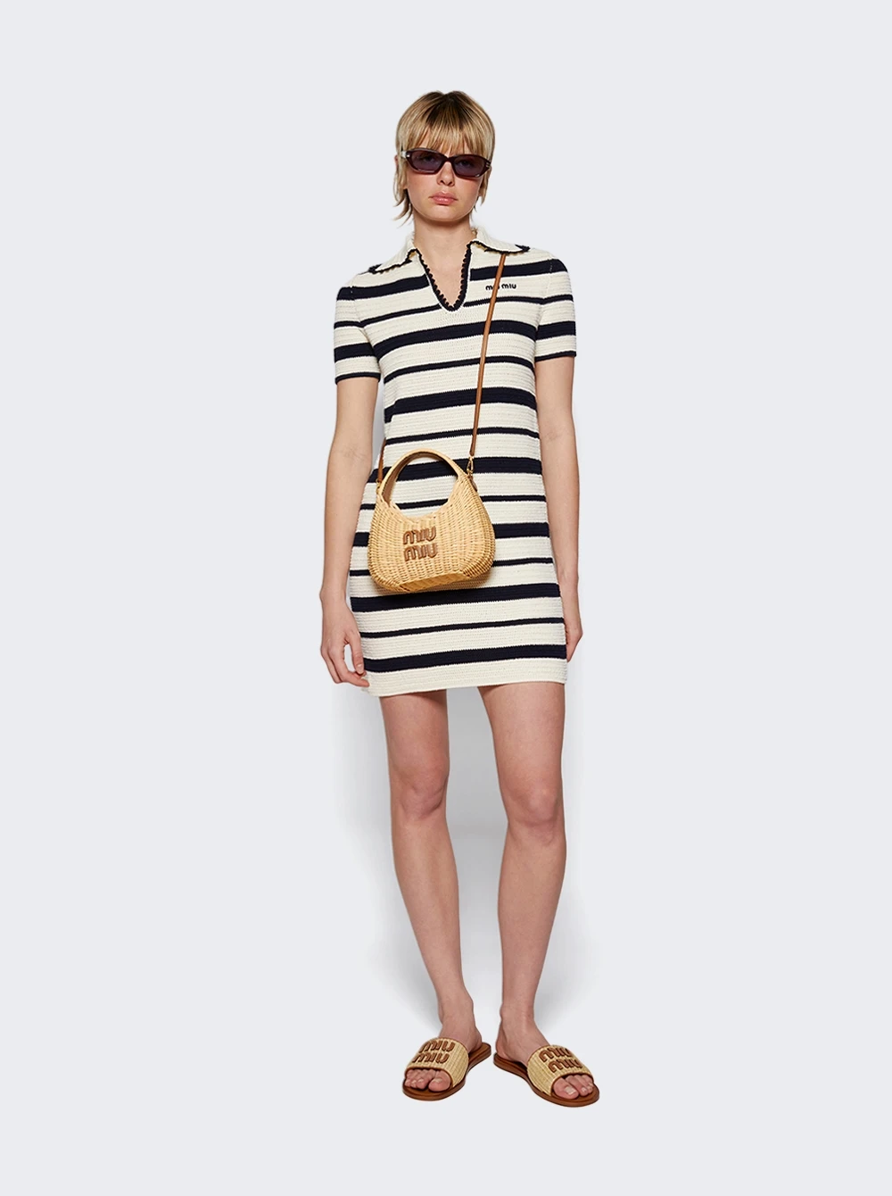Miu Miu Crochet Stripe Mini Dress White And Blue - Image 2