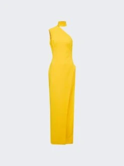 Asymmetrical High Neck Shoulder Dress Yellow