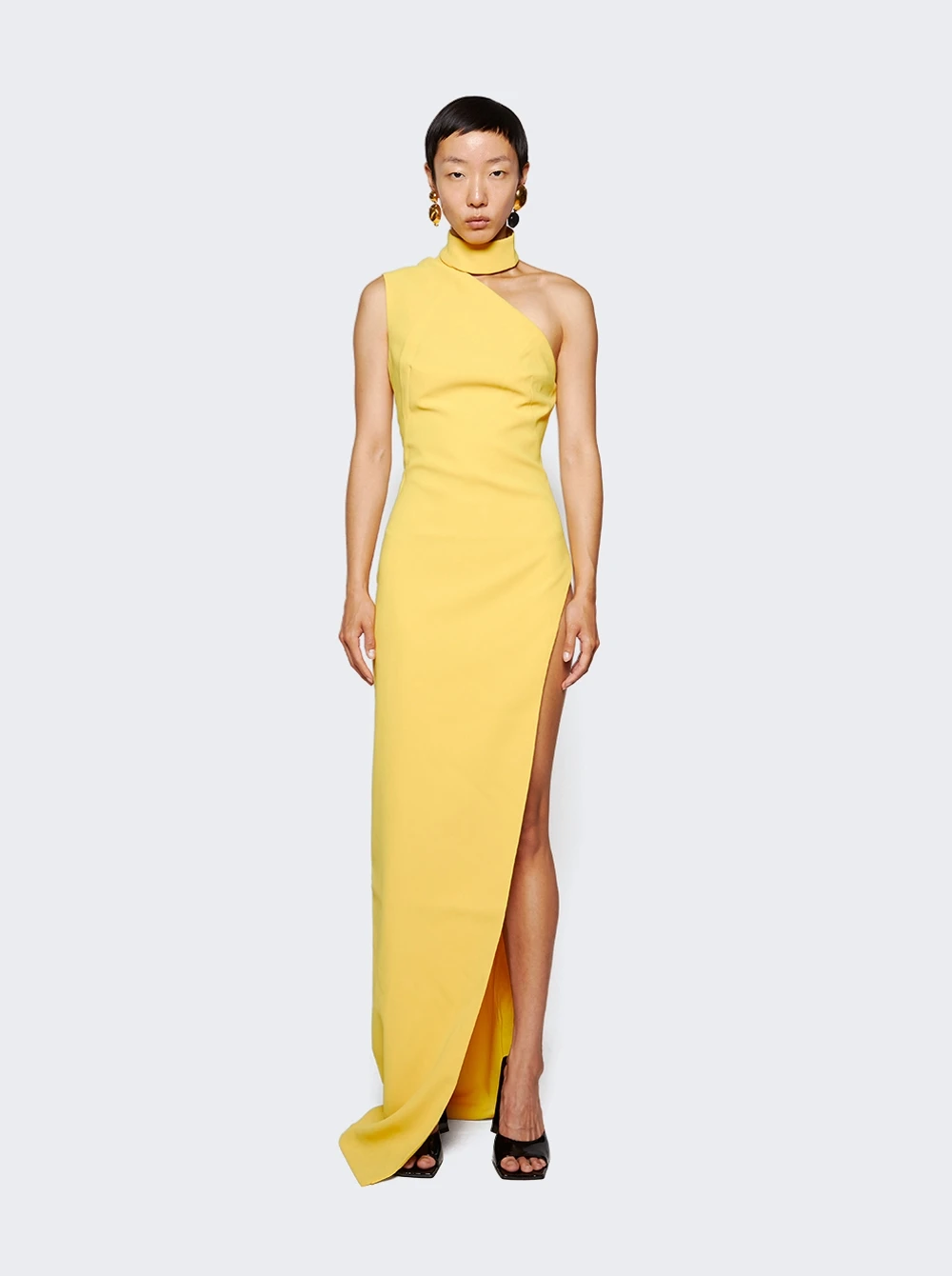 Asymmetrical High Neck Shoulder Dress Yellow - Image 2