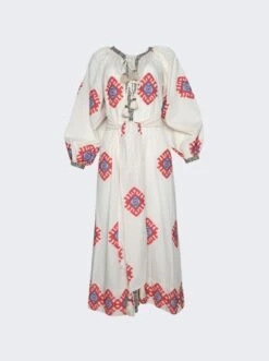 JOHANNA ORTIZ Embroidered Belted Midi Dress Red